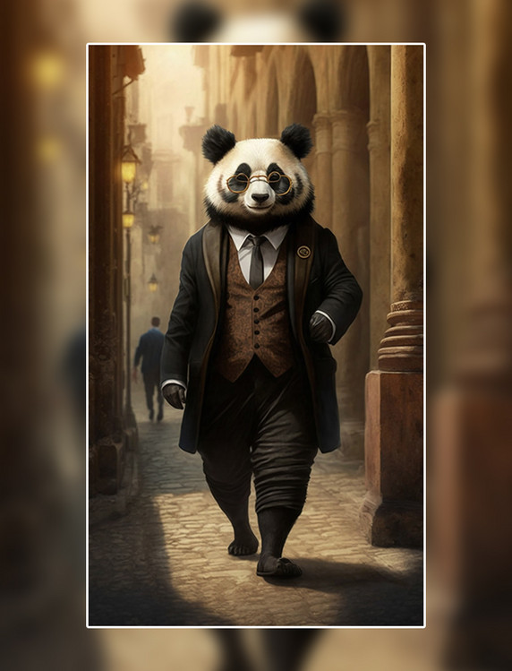 熊猫酷炫中世纪的城市拟人化超现实数字作品AI作品数字插画