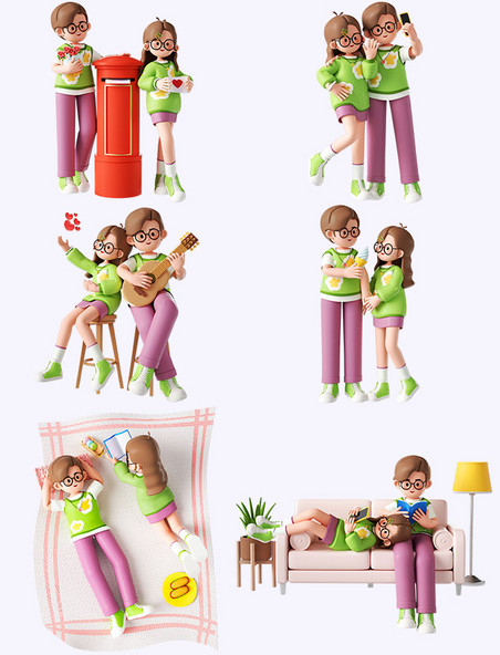 520情人节3D立体情侣人物甜蜜日常生活C4D套图