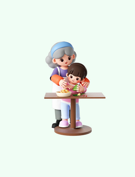 端午节3D立体奶奶教孙女包粽子人物形象