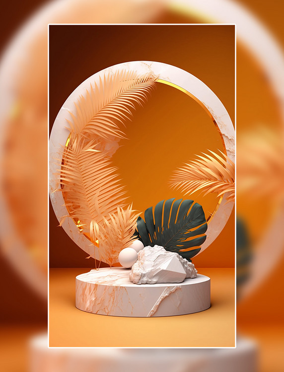 橙色创意3D展台展示产品图数字作品AI作品数字插画