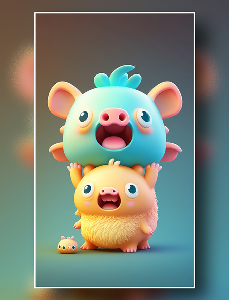 3D立体彩色毛绒小猪怪兽概念插画
