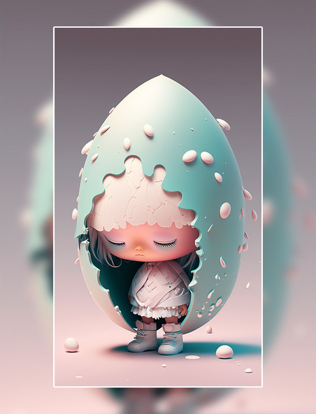 蛋壳可爱的女孩IP形象盲盒3D渲染逼真数字作品AI作品数字插画
