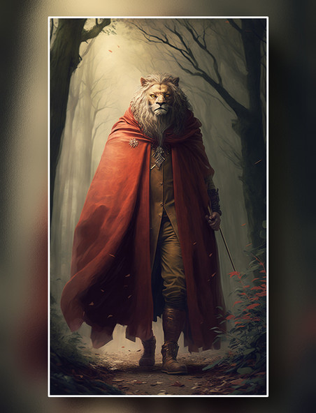 身穿棕色西装戴着红色披风的帅气狮子绅士走在原始森林中