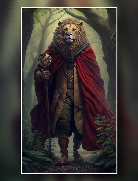 戴着红色披风手拿权杖的狮子西装绅士走在原始森林中插画