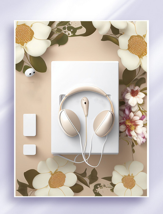 产品摄影白色3d立体耳机电子产品背景