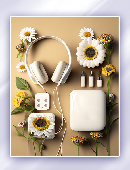 产品摄影3d电器白色耳机数字插画