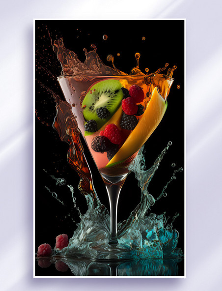 果汁飞溅树莓水果饮料彩色立体插画背景