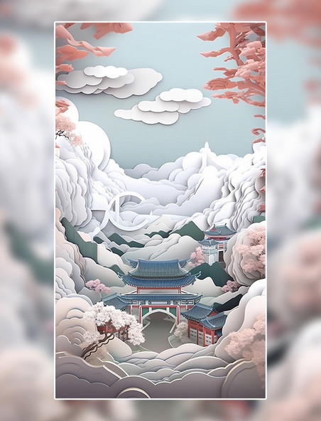 中国风花鸟亭子树木山水剪纸风数字作品AI作品数字插画