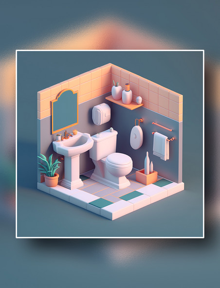 3D渲染立体等轴距简洁浴室洗澡间AI绘画数字插画数字作品