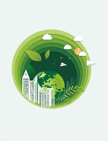 剪纸风绿色环保城市地球节能扁平