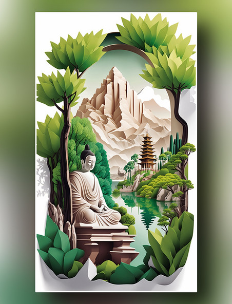立体剪纸折纸风格中国风景古佛塔寺庙场景插画数字作品AI绘画数字插画