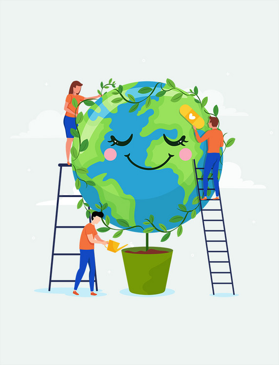 创意植树节浇水地球节能扁平环保