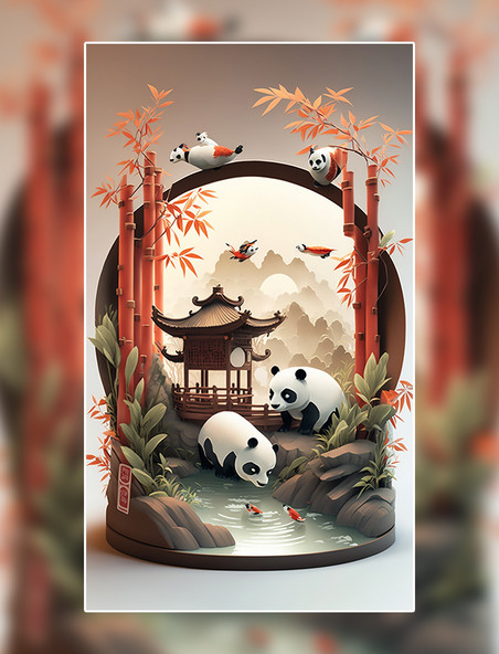 中国风熊猫花鸟亭子树木山水剪纸风数字作品AI作品数字插画