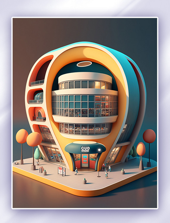 彩色3D立体商场建筑数字插画