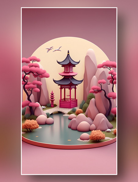 3D立体中国风山水微观场景图凉亭池塘假山数字插画AI作品