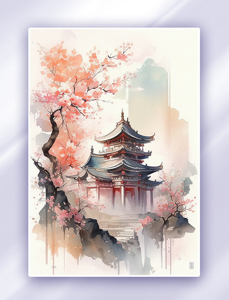 中式水彩风园林建筑樱花数字插画