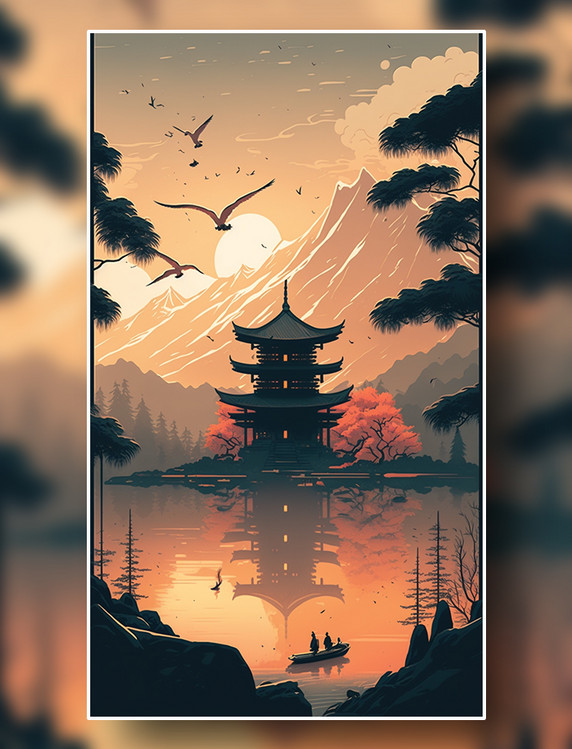 中国古风古寺山水落日插画扁平