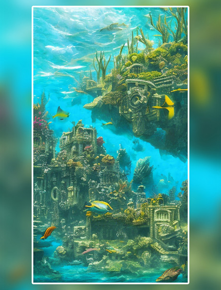 沉入海底的城市废墟背景