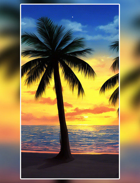 彩霞下的海边椰子树数字艺术