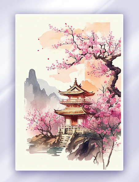 中国风水彩风中式园林建筑樱花插画风景数字插画