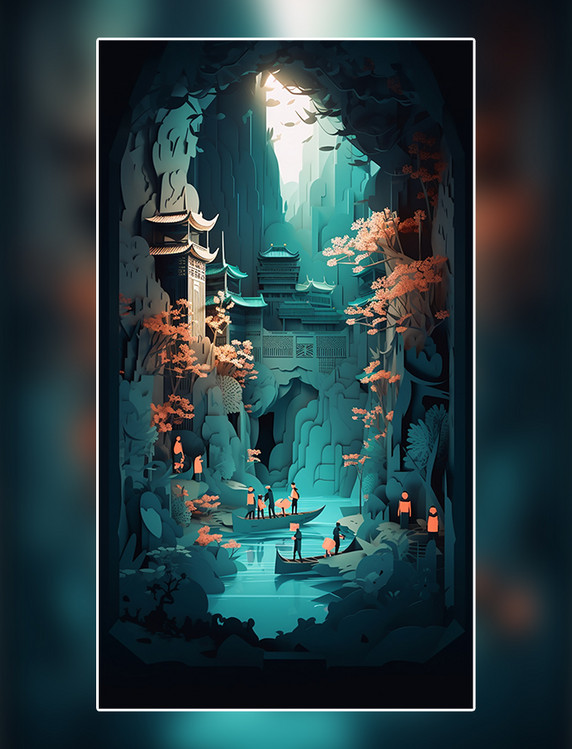 中国城市地标建筑剪纸风折纸风数字作品AI作品数字插画