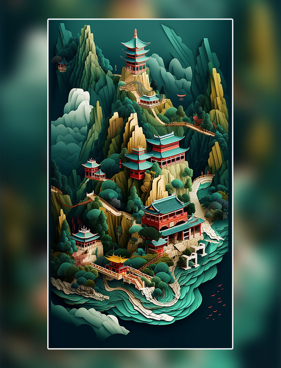 中国城市地标建筑剪纸风折纸风数字作品AI作品数字插画