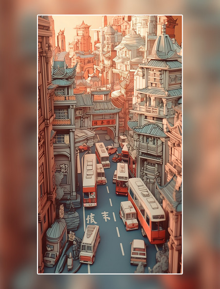 剪纸风折纸风中国城市地标建筑数字作品AI作品数字插画