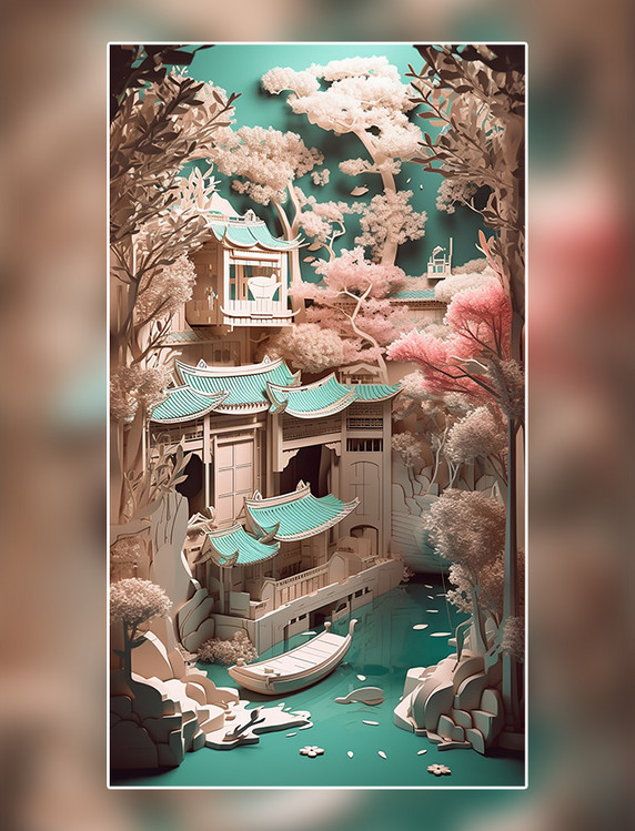 剪纸风折纸风中国城市地标建筑数字作品AI作品数字插画