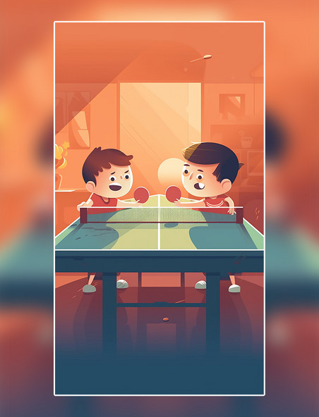 打乒乓球运动美式复古扁平风插画数字作品AI作品数字插画