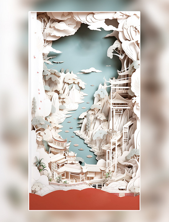 剪纸风中国城市地标建筑折纸风