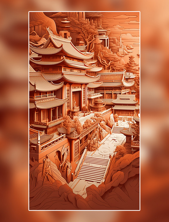 剪纸风折纸风中国城市地标建筑数字作品AI作品数字插画