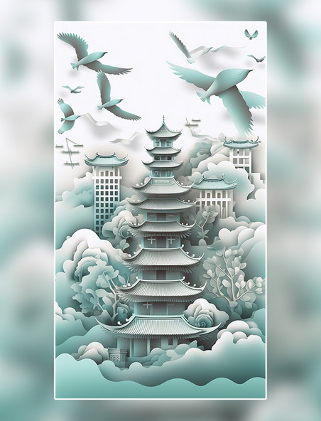 剪纸风中国城市地标建筑折纸风数字作品AI作品数字插画