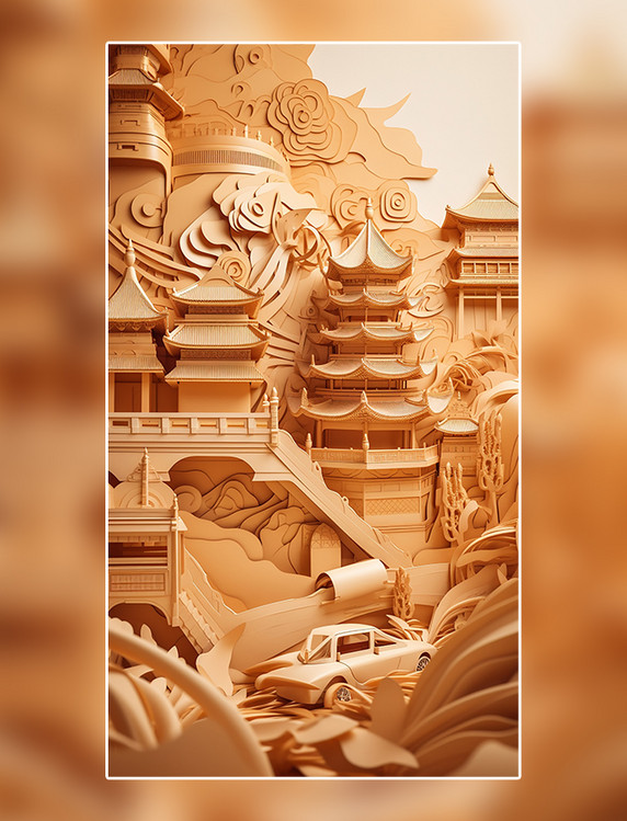 剪纸风折纸风中国城市地标建筑数字作品AI作品数字插画