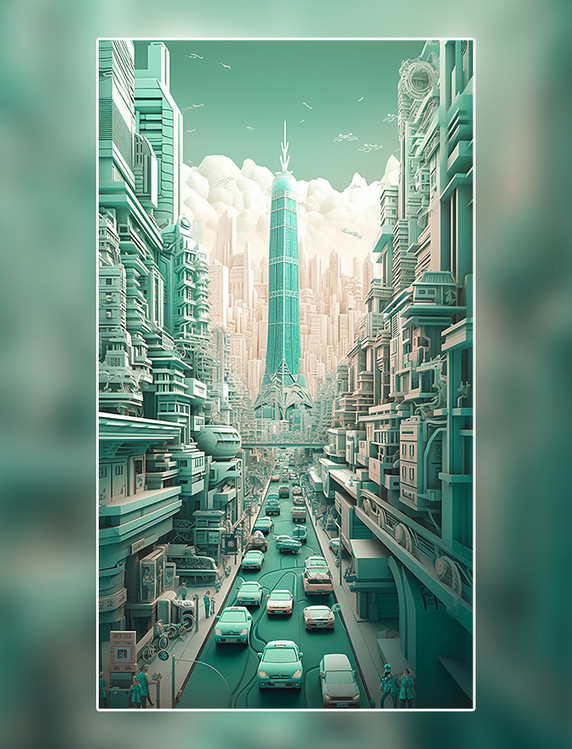 剪纸风中国城市地标建筑折纸风数字作品AI作品数字插画