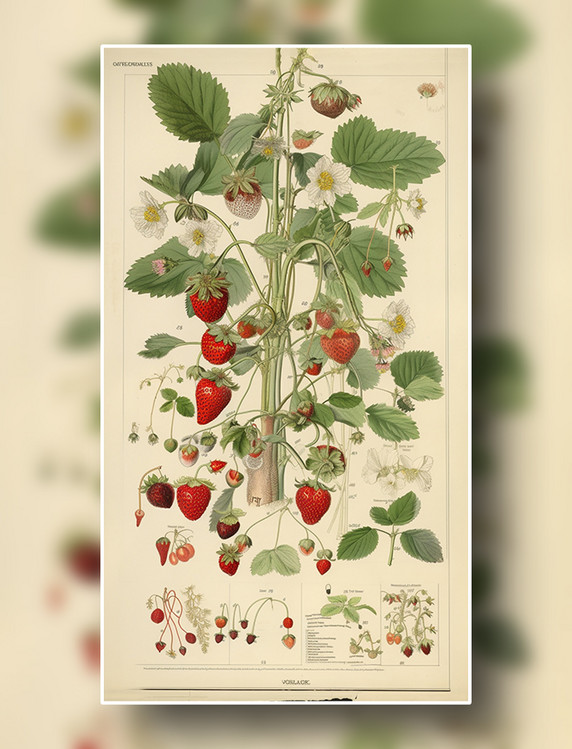 草莓植物学报告风格插图数字插画