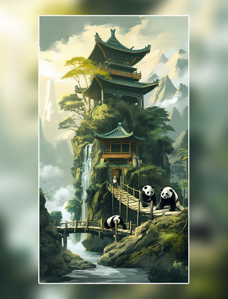 中国风都江堰城市山水熊猫数字作品AI作品数字插画