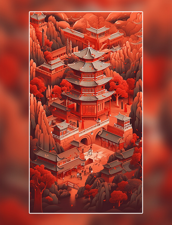 剪纸风折纸风中国城市地标建筑数字作品AI作品数字插画