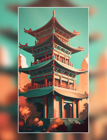 中国风城市地标建筑山水美式复古扁平风插画数字作品AI作品数字插画