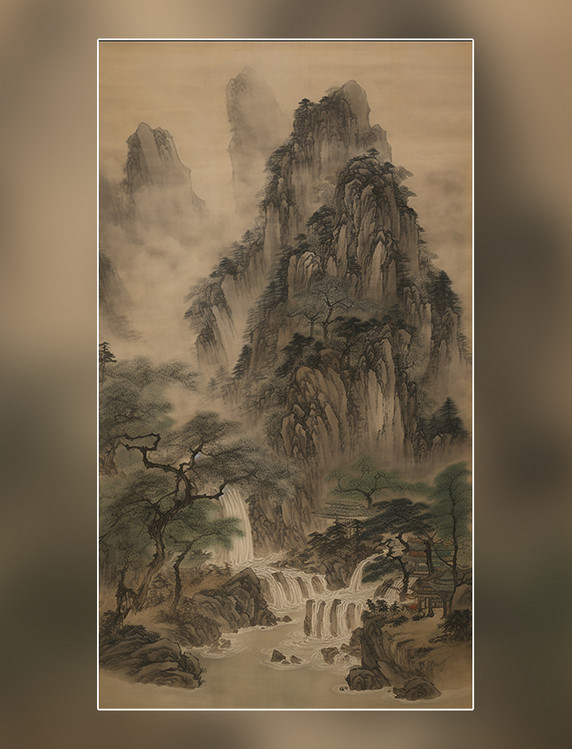 中国水墨画国画工笔画山河马树木山水