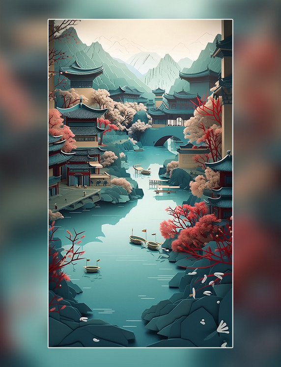 中国城市地标建筑剪纸风折纸风