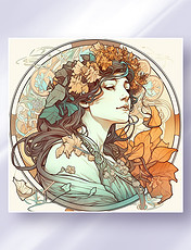 阿尔丰斯·穆夏风格西方少女头像花草边框唯美插画