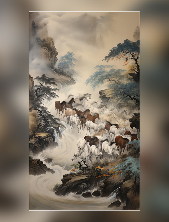 工笔画山河马树木中国水墨画国画山水