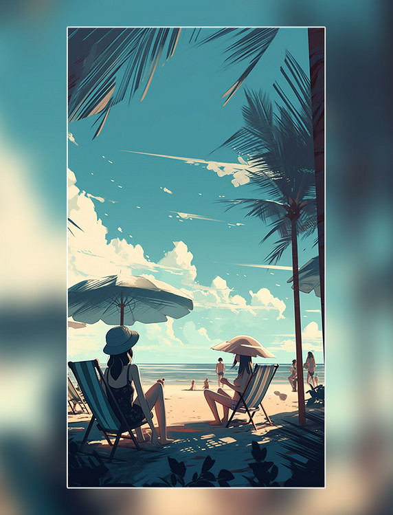 宫崎骏风动漫旅行女孩海边椰树小清新夏天沙滩夏季