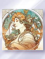 阿尔丰斯·穆夏风格西方少女头像花草边框唯美插画