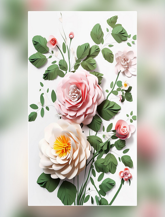 月季玫瑰层次丰富的花纸质插图花卉