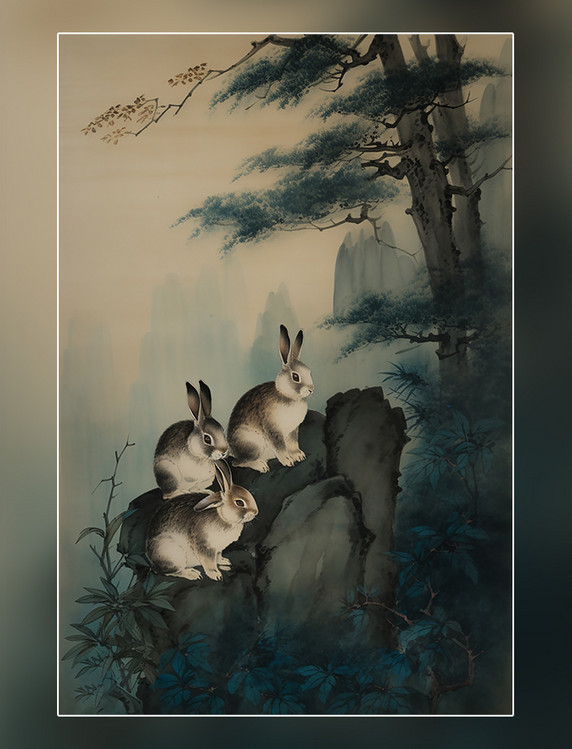 工笔画兔子中国水墨画国画