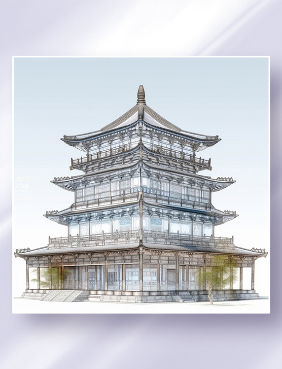中国风现代中式仿古建筑三维立体可视化效果图插画