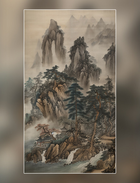中国水墨画国画工笔画山河马树木山水