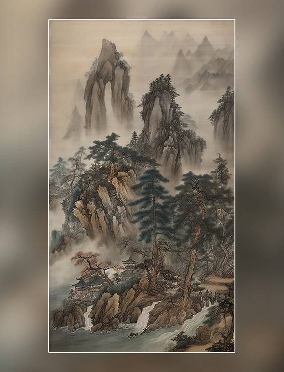 中国水墨画国画工笔画山河马树木山水