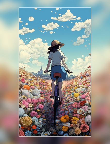 宫崎骏风动漫旅行小女孩自行车小清新花朵花海